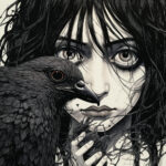 Düstere Illustration: Mädchen mit großen Augen hält schwarzen Raben nah ans Gesicht | Dark illustration: girl with large eyes holds black raven close to her face
