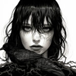 Schwarzweiß-Illustration: Frau mit Risszeichnungen im Gesicht und schwarzem Raben | Black-and-white illustration: woman with crack patterns on face and black raven