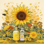 Illustration: Große Sonnenblume über Ölflaschen, gelbe Spritzer, Blumengarten | Illustration: Large sunflower above oil bottles, yellow splashes, flower garden