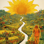 Person in orangem Anzug blickt auf gewundenen Weg zur riesigen Sonnenblume | Person in orange suit gazes at winding path toward giant sunflower