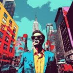 Pop-Art-Mann mit Sonnenbrille im türkisen Blazer vor New Yorker Skyline | Pop art man in teal blazer with sunglasses against New York City skyline