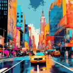 Buntes Pop-Art-Gemälde: Yellow Cab auf nasser New Yorker Straße, Empire State Building | Colorful pop art painting: yellow cab on wet New York street, Empire State Building