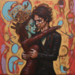 Ölgemälde: Mann umarmt blaugesichtige Frau mit Krone, abstrakter Hintergrund | Oil painting: man embraces blue-faced crowned woman, abstract colorful background