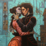 Romantisches Paar in inniger Umarmung, Ölgemälde in Türkis und Orange | Romantic couple in tender embrace, oil painting in turquoise and orange tones