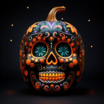 Schwarzer Kürbis mit buntem Día de los Muertos Totenkopf-Muster in Orange und Türkis | Black pumpkin with colorful Día de los Muertos sugar skull pattern in orange and teal