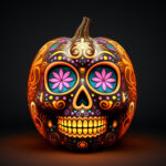 Kürbis als Día de los Muertos Totenkopf mit bunten Blumen und Ornamenten | Pumpkin as Día de los Muertos sugar skull with colorful flowers and ornaments