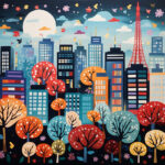 Farbenfrohes Tokio-Panorama mit Tokyo Tower, bunten Herbstbäumen und Vollmond | Colorful Tokyo skyline with Tokyo Tower, vivid autumn trees and full moon at night