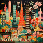 Bunte Stadtszene mit roter Pagode, Wolkenkratzern, Bäumen und Menschenmenge | Colorful cityscape with red pagoda, skyscrapers, trees and crowd of people