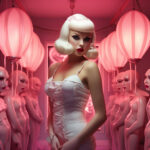 Frau mit weißer Bob-Frisur im weißen Kleid zwischen rosa Schaufensterpuppen und Laternen | Woman with white bob haircut in white dress among pink mannequins and glowing lanterns