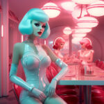 Futuristische Androidin mit türkisem Bob im rosa Retro-Diner, 3D-Kunst | Futuristic android with teal bob hair in pink retro diner, 3D art