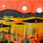 Abstrakte Landschaft mit Punktmustern, drei weißen Sonnen, rotem Himmel, gelben Feldern | Abstract landscape with dot patterns, three white suns, red sky, yellow fields