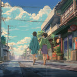 Zwei Anime-Mädchen in Kimono gehen eine japanische Stadtstraße entlang | Two anime girls in kimonos walking down a Japanese urban street