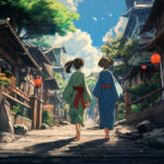 Zwei Anime-Mädchen in Kimono gehen durch eine japanische Altstadt | Two anime girls in kimono walking through a historic Japanese town street