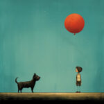 Illustrierter Junge mit rotem Ballon steht einem zotteligen Hund gegenüber | Illustrated boy holding red balloon faces a shaggy dog on teal background