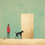 Junge in roter Jacke und schwarzer Hund vor freistehender Holztür, türkise Wand | Boy in red jacket and black dog standing before freestanding wooden door, teal wall