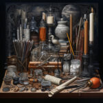 Detailreiches Stillleben mit Kerzen, Schriftrollen, Gläsern und Künstlerwerkzeugen auf Holztisch | Detailed still life with candles, scrolls, glass jars and artist tools on wooden table