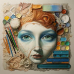 Surreales Frauengesicht mit Rissen, umgeben von Pinseln, Buntstiften und Aquarellfarben | Surreal cracked woman's face with green eyes surrounded by brushes, pencils and watercolors