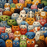 Bunte Illustration: Gedrängte Menge stilisierter Tiergesichter in leuchtenden Farben | Colorful illustration: crowded group of stylized animal faces in vivid colors