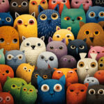 Bunte Cartoon-Eulen und -Katzen mit großen Augen, dicht gedrängt | Colorful cartoon owls and cats with big eyes, densely packed