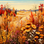 Herbstwiese mit Sonnenblumen, rotem Laub und goldenen Gräsern in weiter Landschaft | Autumn meadow with sunflowers, red foliage and golden grasses in wide landscape