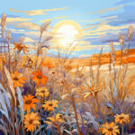 Illustration: Orange-gelbe Wildblumen und Getreideähren vor goldenem Sonnenuntergang | Illustration: Orange-yellow wildflowers and grain stalks against a golden sunset sky