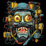 Cyberpunk-Gesicht mit gelben Roboteraugen, Schnurrbart und Kabeln auf schwarzem Grund | Cyberpunk face with yellow robot eyes, mustache and wires on black background