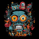 Chaotischer Roboterschädel mit riesigen orangenen Augen, flankiert von bunten Maschinen | Chaotic robot skull with huge orange eyes, flanked by colorful machines and gadgets