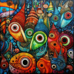 Abstrakte Schnecken-Wesen mit großen Augen in leuchtenden Farben, Musterdetails | Abstract snail creatures with large eyes in vivid colors and intricate patterns