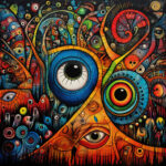 Psychedelisches Gemälde mit riesigen Augen, Spiralen und organischen Formen in Blau, Orange, Rot | Psychedelic painting with giant eyes, spirals and organic shapes in blue, orange, red
