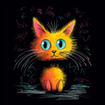 Leuchtend orangefarbene Cartoon-Katze mit türkisen Augen auf schwarzem Grund | Bright orange cartoon cat with turquoise eyes on black background, neon doodles
