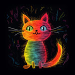 Sitzende Katze in Regenbogenfarben, Kritzellinie-Stil auf schwarzem Grund | Sitting cat in rainbow colors, doodle line style on black background