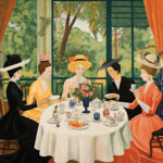 Fünf elegant gekleidete Damen mit Hüten beim Tee an gedecktem Tisch, Gartenblick | Five elegantly dressed women in hats having tea at a set table, garden view