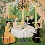 Vier elegant gekleidete Frauen beim Tee in einem tropischen Wintergarten, Katze, Kronleuchter | Four elegantly dressed women having tea in a tropical conservatory, cat, chandelier