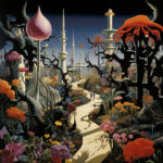 Surrealer Garten mit riesigen Blüten, gewundener Allee und futuristischen Türmen | Surreal garden with giant blooms, winding path and futuristic towers