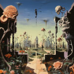 Surrealer Garten mit Totenköpfen auf Stielen, Rosen und schwebenden Figuren | Surreal garden with skulls on stems, roses and floating figures in dystopian landscape