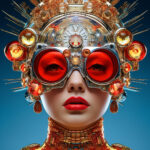 Digitale Frau mit goldener Steampunk-Krone, roten Kristallbrillen und rotem Lippenstift | Digital woman with golden steampunk crown, red crystal goggles and red lipstick