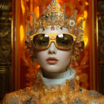Androide Figur mit goldener Juwelenkrone, goldener Sonnenbrille und Perlen vor orangenem Hintergrund | Android figure with golden jeweled crown, gold sunglasses and pearls against orange background