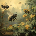 Drei übergroße Bienen fliegen über gelbe Blüten in nebeliger Waldlandschaft | Three oversized bees flying over yellow flowers in a misty forest landscape