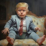 Satirisches Ölgemälde: Baby mit übergroßem Erwachsenenkopf im grauen Anzug auf Sessel | Satirical oil painting: baby with oversized adult head in gray suit sitting on armchair