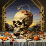 Vanitas-Stillleben: Schädel mit Weingläsern, Früchten und Rotwein bei Sonnenuntergang | Vanitas still life: skull with wine glasses, fruits and red wine at sunset