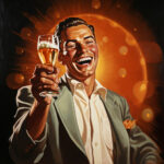 Lachender Mann im Retro-Stil hebt Bierglas vor orangem Leuchthintergrund | Laughing retro-style man raising a beer glass against glowing orange background