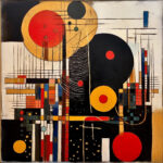 Abstraktes Gemälde mit Kreisen in Rot, Gold, Schwarz und Gitternetzlinien | Abstract painting with circles in red, gold, black and grid lines