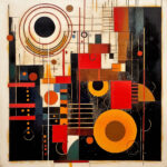 Abstraktes Gemälde mit Kreisen, Rechtecken in Rot, Orange, Schwarz im Konstruktivismus-Stil | Abstract painting with circles and rectangles in red, orange, black in constructivist style