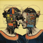 Zwei sich küssende Figuren mit elektronischen Bauteilen und Drähten in den Köpfen, Collage | Two kissing figures with electronic components and wires embedded in their heads, collage art