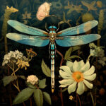 Libelle mit türkis-blauen Flügeln und schlankem Körper zwischen Wildblumen | Dragonfly with turquoise-blue wings and slender body among wildflowers