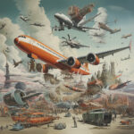 Retro-futuristische Collage mit orangem Passagierjet, vielen Flugzeugen und chaotischer Stadtszene | Retro-futuristic collage with orange passenger jet, multiple aircraft and chaotic urban scene