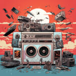 Riesiger Retro-Ghettoblaster umgeben von fliegenden Elektrogeräten vor rotem Himmel | Giant retro boombox surrounded by flying electronics against a red sky
