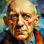 Kubistisches Portrait eines älteren Mannes mit Glatze und blauen Augen, Mosaikmuster | Cubist portrait of a bald elderly man with blue eyes, colorful mosaic pattern