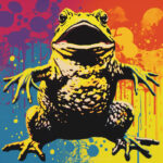 Gelber Frosch mit offenem Maul, Pop-Art-Stil, bunter Farbspritzer-Hintergrund | Yellow frog with open mouth, pop art style, colorful paint splatter background