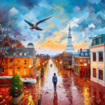 Frau geht nasse Stadtstraße entlang, Möwe fliegt über Kirchturm, pixelierter Himmel | Woman walks wet city street, seagull flies over church steeple, pixelated colorful sky